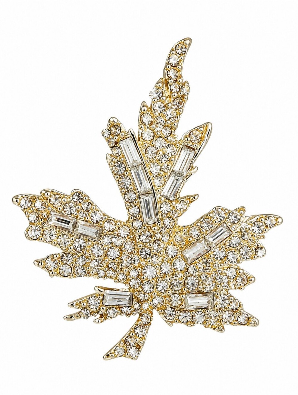 Signed “L” Vintage Style Rhinestone Maple Leaf Brooch Gold Tone Crystal Pin